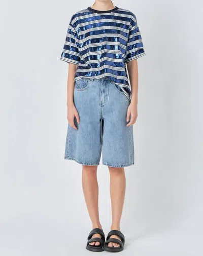 Grey Lab Sequin Stripe Top In White/ Navy