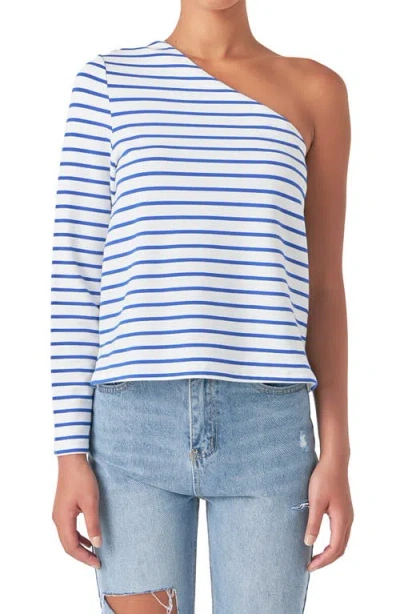 Grey Lab Stripe One-shoulder Asymmetric Top In White/blue