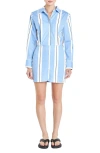Grey Lab Stripe Power Shoulder Long Sleeve Shirtdress In Powder Blue/white