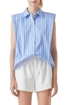 GREY LAB STRIPE POWER SHOULDER SLEEVELESS BUTTON-UP SHIRT