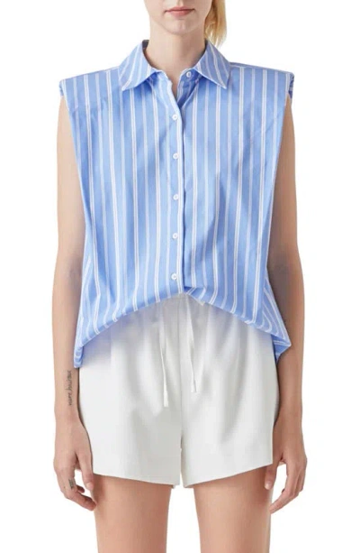 Grey Lab Stripe Power Shoulder Sleeveless Button-up Shirt In Blue/ White