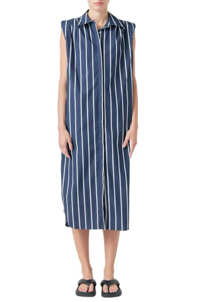 Grey Lab Stripe Sleeveless Shirtdress In Blue