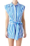 Grey Lab Striped Pintuck Tie Belt Romper In Blue In Blue