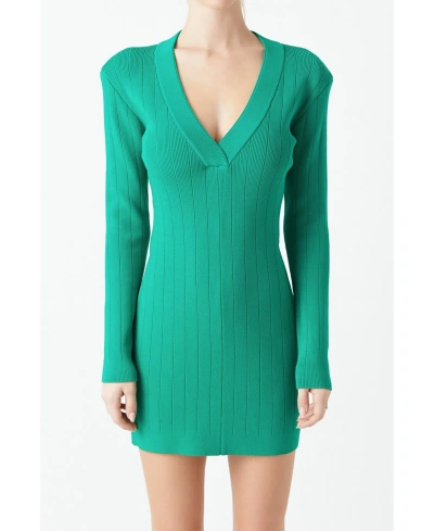 Grey Lab Power Shoulder Long Sleeve Knit Minidress In Green