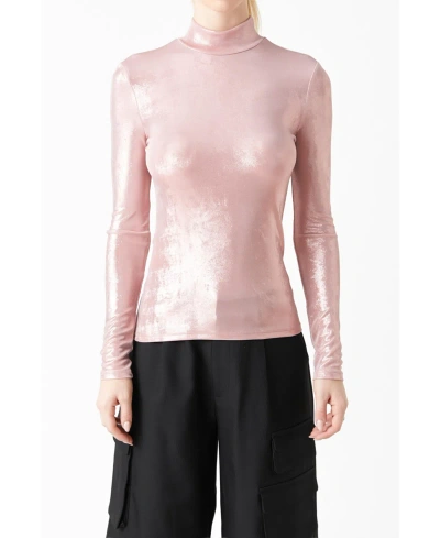 Grey Lab Women's Shiny Turtle Neck Top In Light Pink