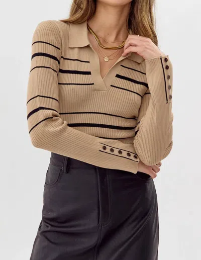 Greylin Elena Striped Polo Knit Top In Tan Black