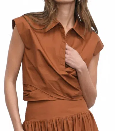 Greylin Eloise Wrap Front Extended Shoulder Poplin Top In Brown