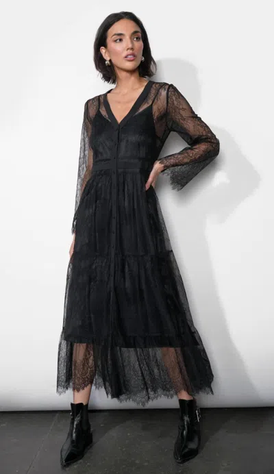 Greylin Emma Button Up Lace Tiered Maxi Dress In Black