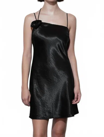 Greylin Floris Rosette One Shoulder Mini Satin Dress In Black