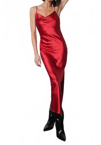 Greylin Isla Cowl Neck Satin Maxi With Slit In Red