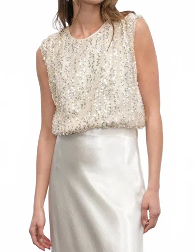 Greylin Liberty Padded Shoulder Bubble Hem Sequin Top In White In Neutral