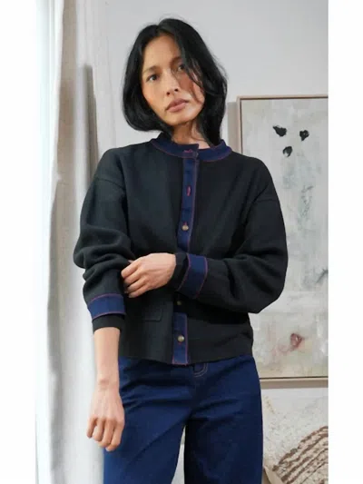 Greylin Lila Denim Detail Knit Cardigan Top In Black In Blue