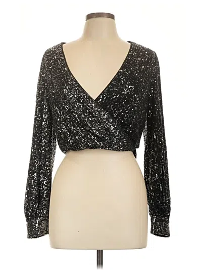 Pre-owned Greylin Long Sleeve Top Silver Plunge Neckline Tops
