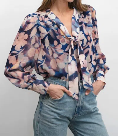 Greylin Rosabel Viscose Tie Neck Blouse In Navy Blush In Blue