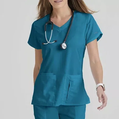 Grey's Anatomy By Barco Classic 41423 Cora 4-pocket Womens Plus Tall V Neck Short Sleeve Tag Free Scrub Top In Blue