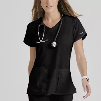 Grey's Anatomy By Barco Classic 41423 Cora 4-pocket Womens V Neck Short Sleeve Tag Free Scrub Top In Black