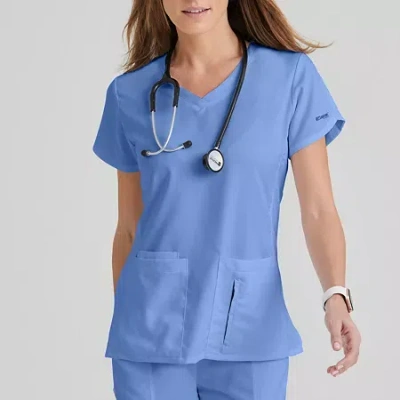 Grey's Anatomy By Barco Classic 41423 Cora 4-pocket Womens V Neck Short Sleeve Tag Free Scrub Top In Blue