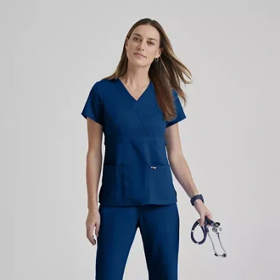 Grey's Anatomy By Barco Classic 4153 Riley 3-pocket Mock Wrap Womens Plus Tall V Neck Short Sleeve Scrub Top In Blue