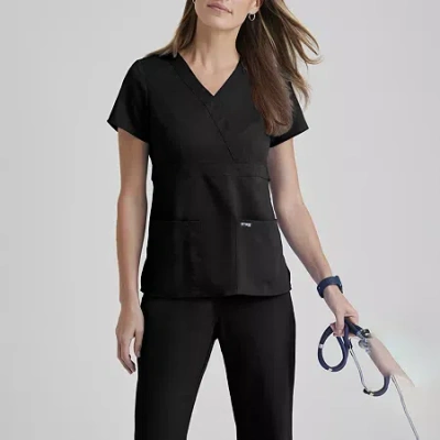 Grey's Anatomy By Barco Classic 4153 Riley 3-pocket Mock Wrap Womens V Neck Short Sleeve Scrub Top In Black
