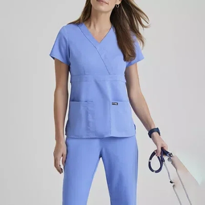 Grey's Anatomy By Barco Classic 4153 Riley 3-pocket Mock Wrap Womens V Neck Short Sleeve Scrub Top In Blue