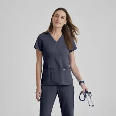 Grey's Anatomy By Barco Classic 4153 Riley 3-pocket Mock Wrap Womens V Neck Short Sleeve Scrub Top In Gray