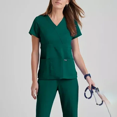Grey's Anatomy By Barco Classic 4153 Riley 3-pocket Mock Wrap Womens V Neck Short Sleeve Scrub Top In Green