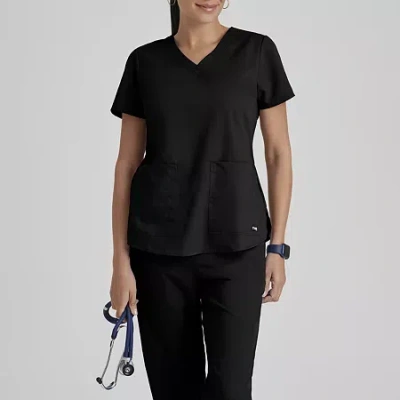 Grey's Anatomy By Barco Classic 71166 Aubrey 2-pocket Womens V Neck Short Sleeve Tag Free Scrub Top In Black