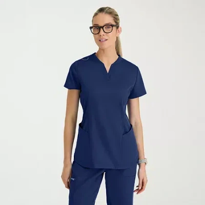 Grey's Anatomy By Barco Classic Grt303 Erin 4-pocket Rib Knit Womens Plus Short Sleeve Stretch Fabric Moisture Wicking Scrub In Blue