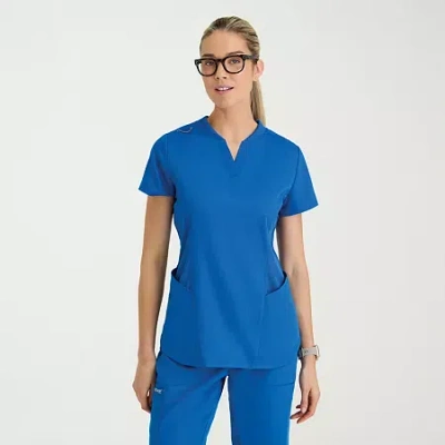 Grey's Anatomy By Barco Classic Grt303 Erin 4-pocket Rib Knit Womens Short Sleeve Stretch Fabric Moisture Wicking Scrub Top In Blue