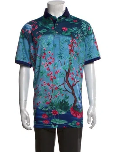 Pre-owned Greyson Floral Print Collar Polo Shirt In Blue