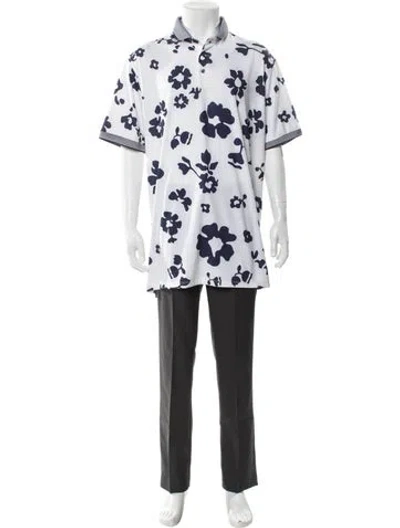 Pre-owned Greyson Floral Print V-neck Polo Shirt In White