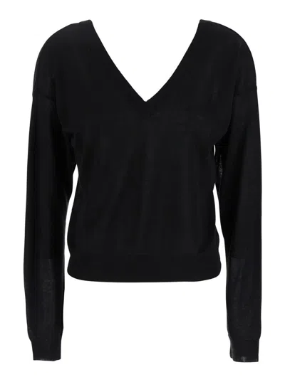 Grifoni Black Cropped T-shirt With V Neck In Cotton And Silk Blend Woman