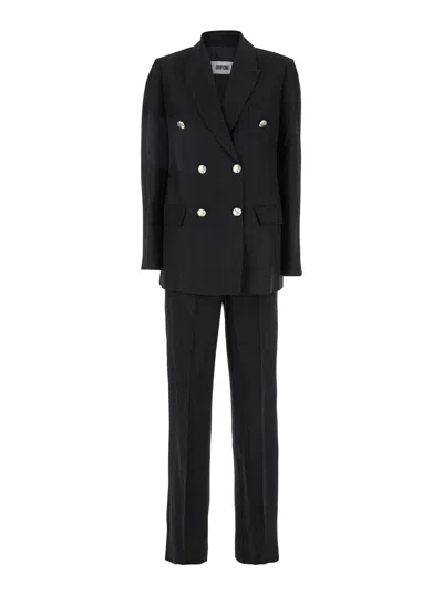 Grifoni Black Double-breasted Suit With Notched Revers In Viscose And Linen Blend Woman