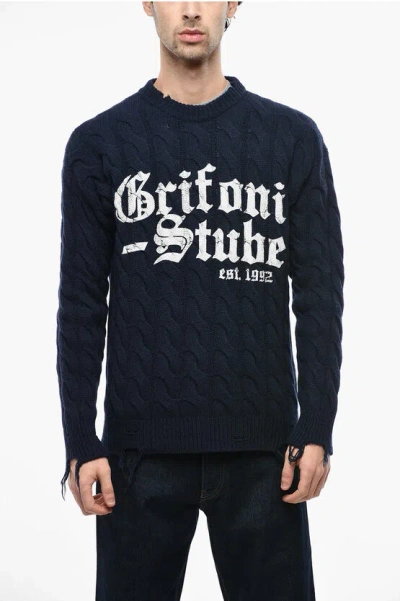 Grifoni Crew Neck Stube Aran Wool Blend Sweater In Blue