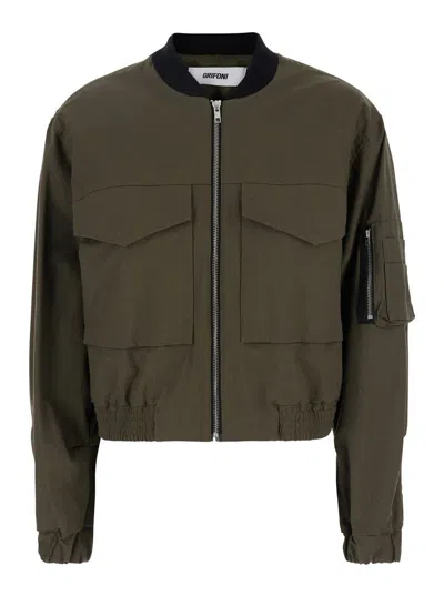 GRIFONI GREEN CROPPED JACKET WITH MAXI POCKETS ON FRONT AND SLEEVE