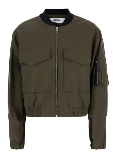 Grifoni Green Cropped Jacket With Maxi Pockets On Front And Sleeve In Cotton Woman