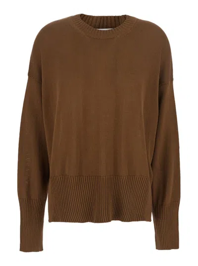Grifoni Brown Crewneck Jumper With Ribbed Trims In Cotton Woman