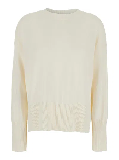 GRIFONI WHITE CREWNECK SWEATER WITH RIBBED TRIMS IN COTTON WOMAN