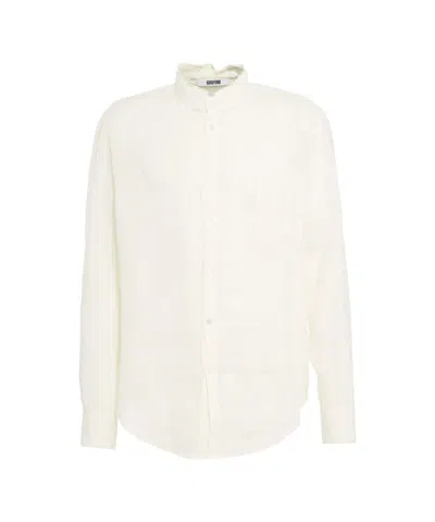 Grifoni Mandarin Collar Linen Shirt With Rounded Hem In Neutral