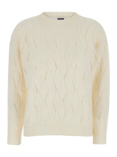 Grifoni White Crewneck Sweater In Perforated Knit