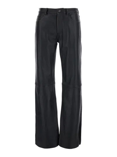 Grifoni Wide-leg Leather Pants With Belt Loops And Five-pocket Design In Black