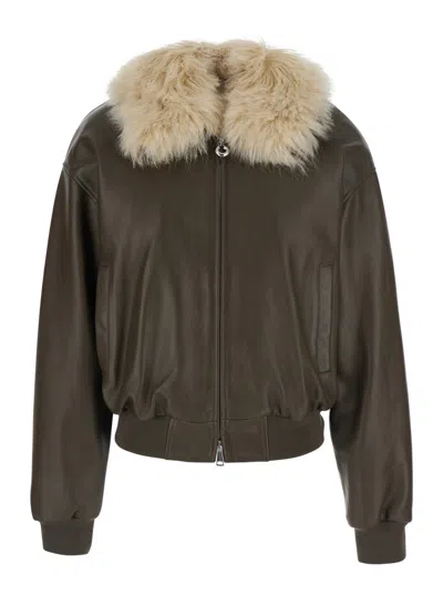 Grifoni Women's Leather Bomber Jacket With Removable Fur Collar In Green
