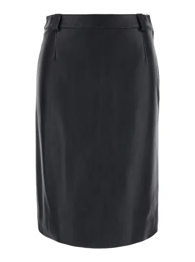 Grifoni Women's Leather Skirt With Back Slit And Belt Loops In Black