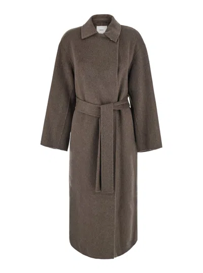 Grifoni Wool Blend Off-center Closure Belted Jacket For Women In Brown