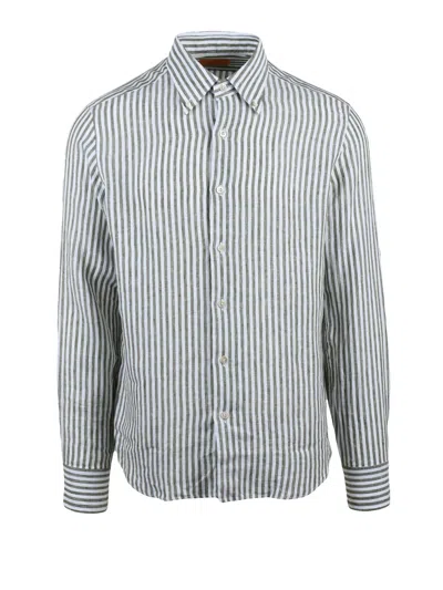 Grigio White Green Striped Linen Shirt In Black