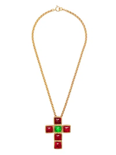 Pre-owned Gripoix Cross Pendant Chain Necklace In Gold
