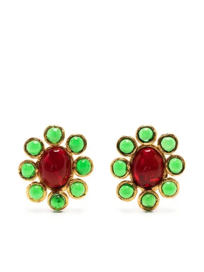 Pre-owned Gripoix Gemstone-embellished Floral-motif Clip-on Earrings In Gold