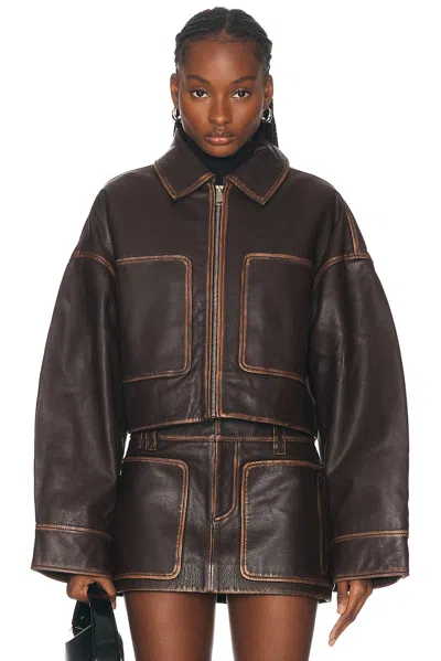 Grlfrnd Cropped Leather Patch Pocket Jacket In Brown