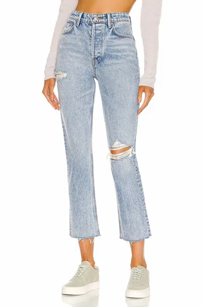 Grlfrnd Karolina High Rise Straight Crop Jeans In Larchmont With Rip In Multi