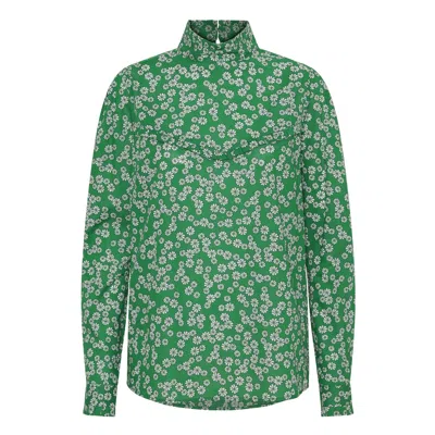 Grobund Women's Green The  Ellen Shirt - The One With A High Collar And Flowers